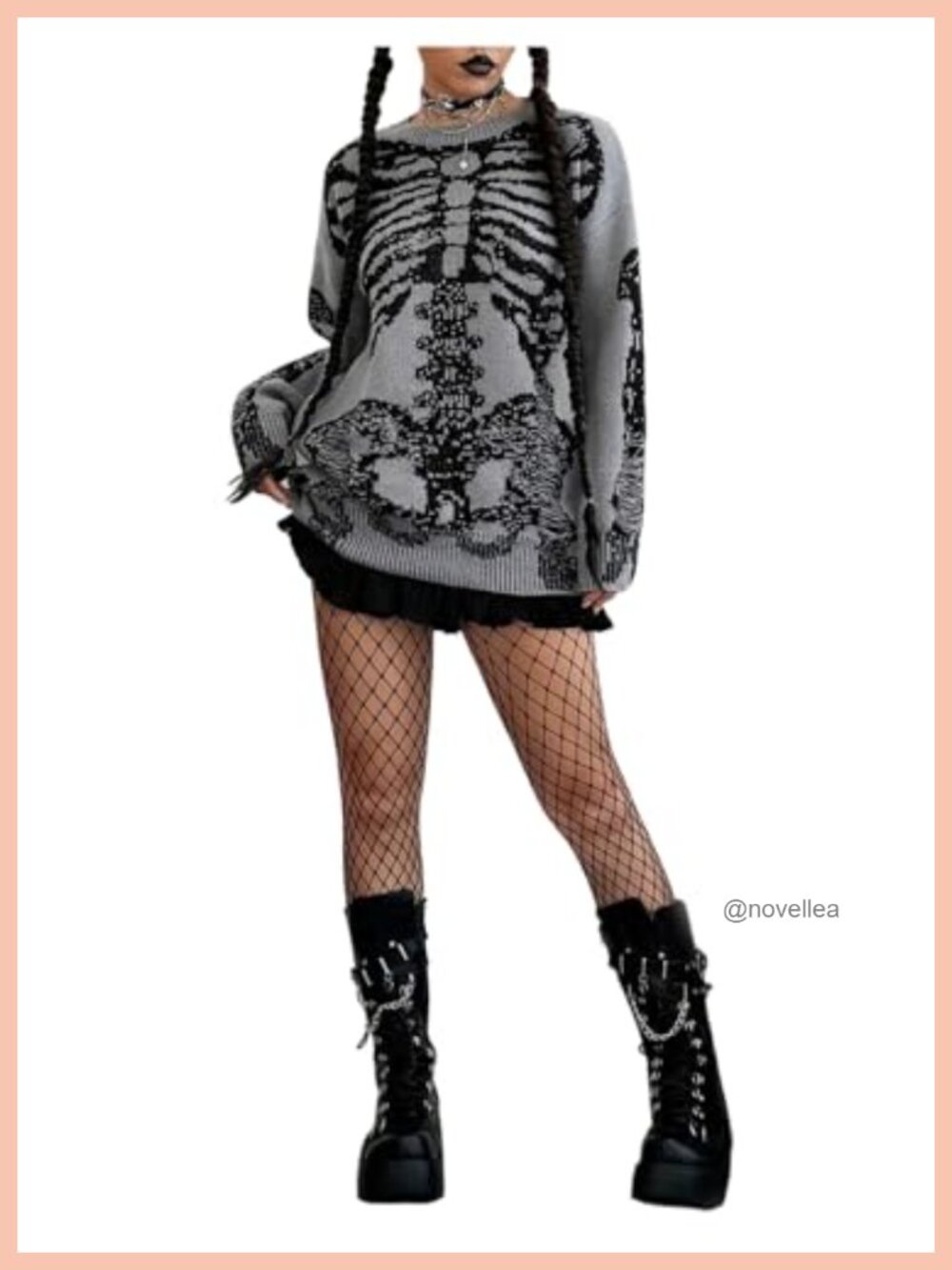 Oversized Skeleton Graphic Knitted Pullover Sweater Long Sleeve Crew Neck Gothic